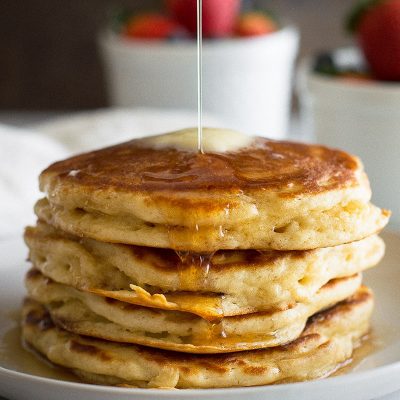 Fluffy buttermilk pancakes for two might just be the perfect breakfast. From BakingMischief.com