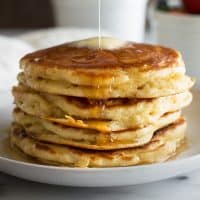 Fluffy buttermilk pancakes for two might just be the perfect breakfast. From BakingMischief.com