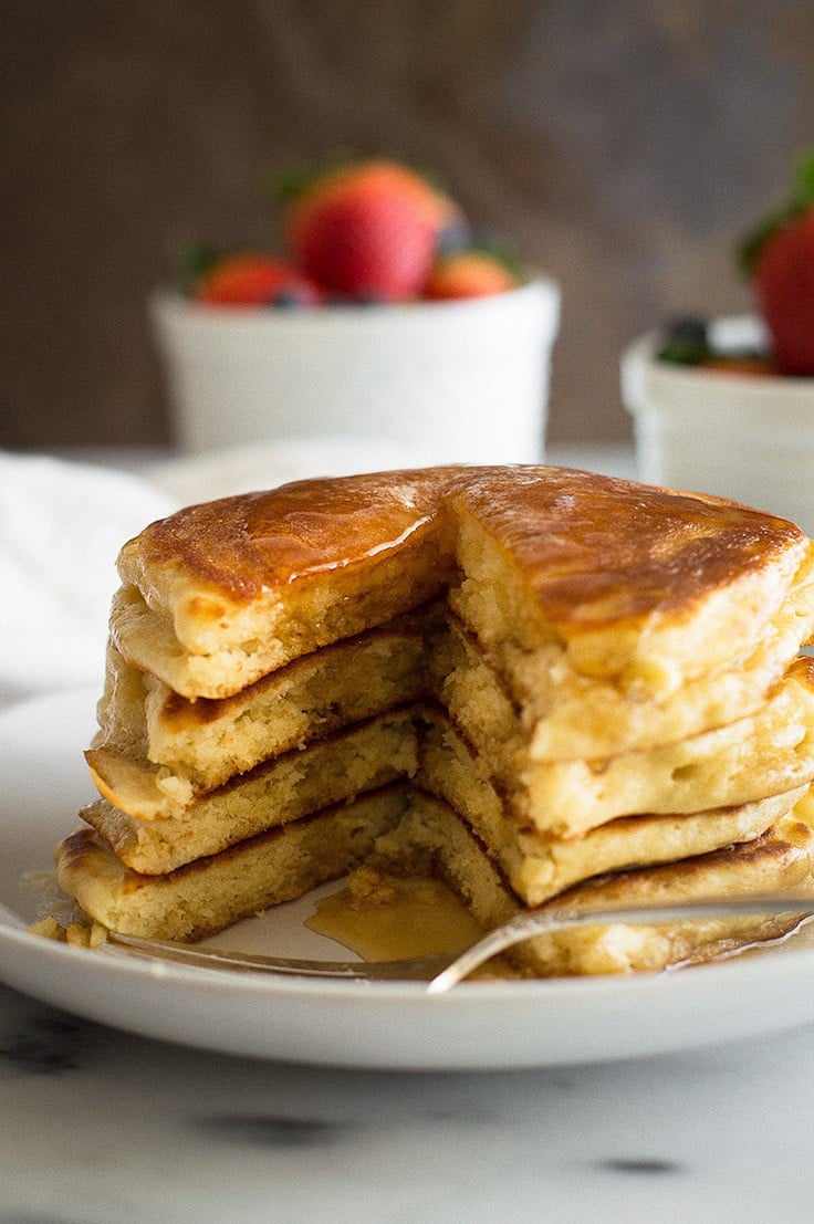 Fluffy buttermilk pancakes for two might just be the perfect breakfast. From BakingMischief.com