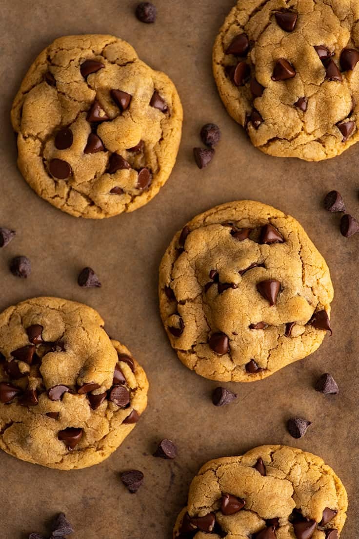 Overhead photo of small-batch chocolate chip cookies.