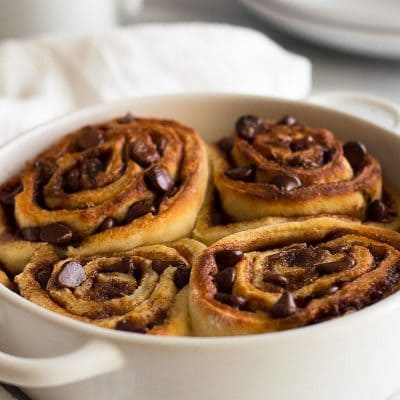 Small-batch Chocolate Cinnamon Rolls with Espresso Glaze can be prepared the night before and then baked in the morning for a hot, chocolatey breakfast for two. From BakingMischief.com