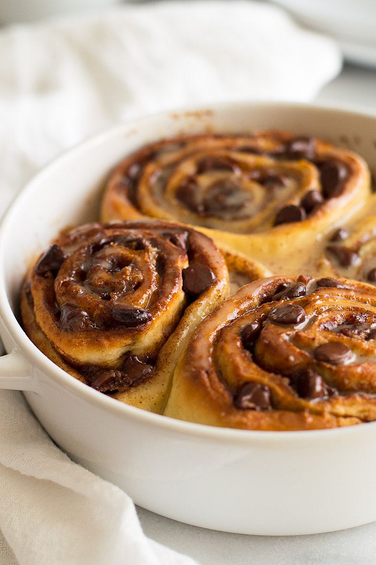 Small-batch Chocolate Cinnamon Rolls with Espresso Glaze can be prepared the night before and then baked in the morning for a hot, chocolatey breakfast for two. From BakingMischief.com