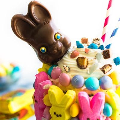 Photo of Easter Candy Freakshake in a mason jar.