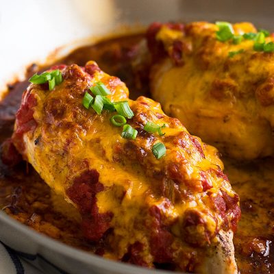 Salsa chicken in a skillet.