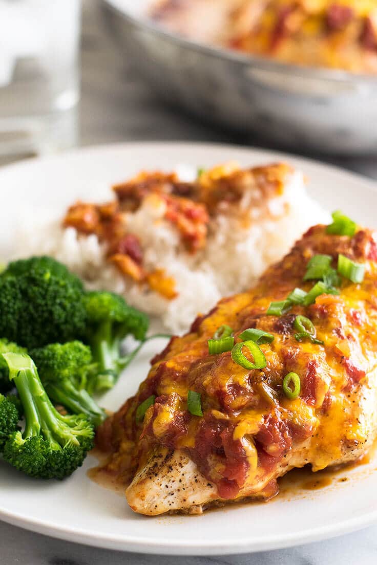 Cheesy Salsa Chicken with broccoli and rice.