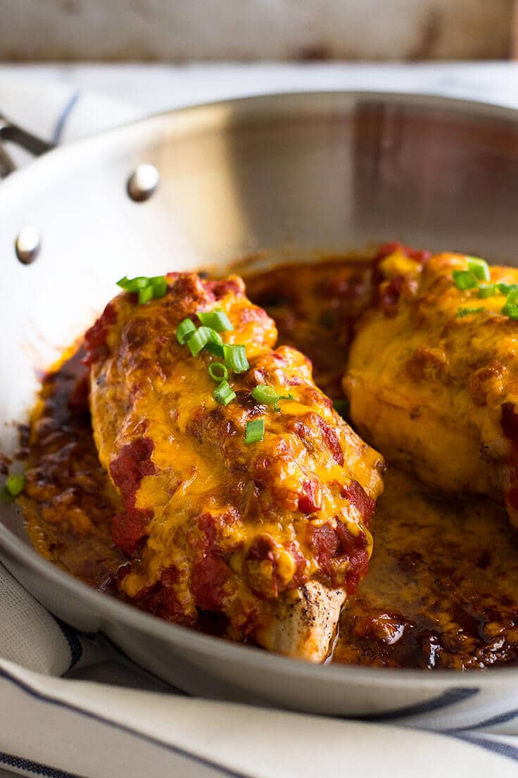 Salsa chicken in a skillet.