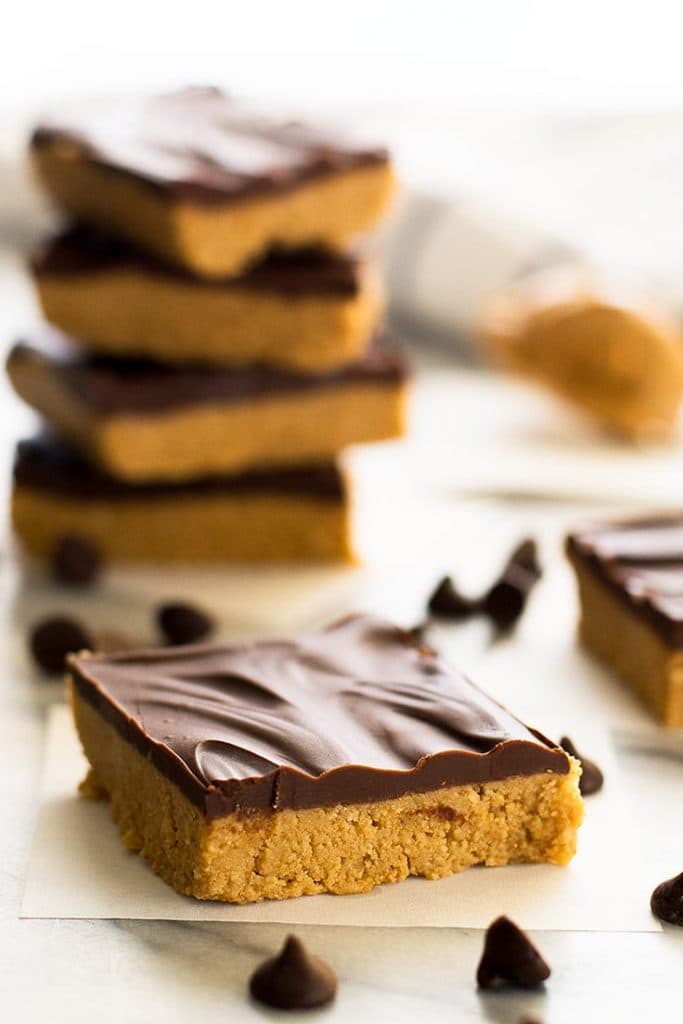 Photo of peanut butter bars cut into squares.