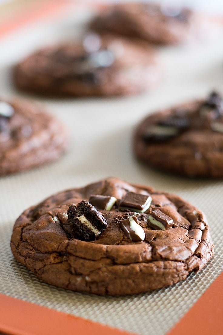 You HAVE to try these Small-batch chocolate cookies stuffed full of crushed Oreos and Andes Mints. | Small batch dessert | Brownie Cookies |