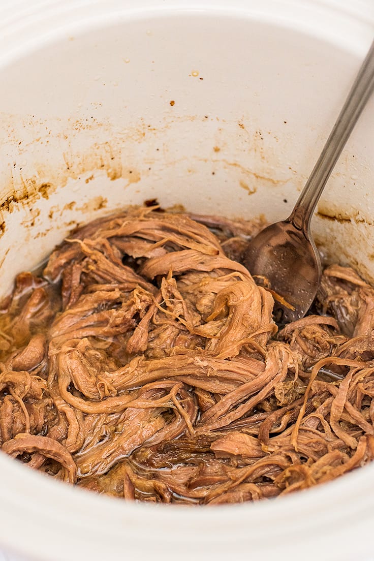 Tri-tip in a slow cooker, shredded.