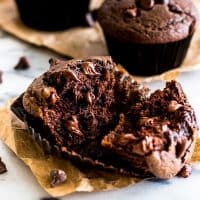 This recipe for Small-batch Chocolate Chocolate Chip Muffins makes four big beautiful chocolate muffins stuffed full of melty chocolate chips.