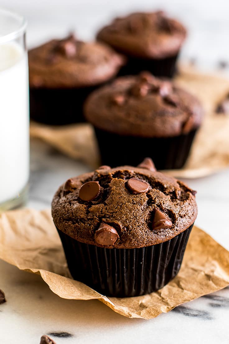 This recipe for Small-batch Chocolate Chocolate Chip Muffins makes four big beautiful chocolate muffins stuffed full of melty chocolate chips.