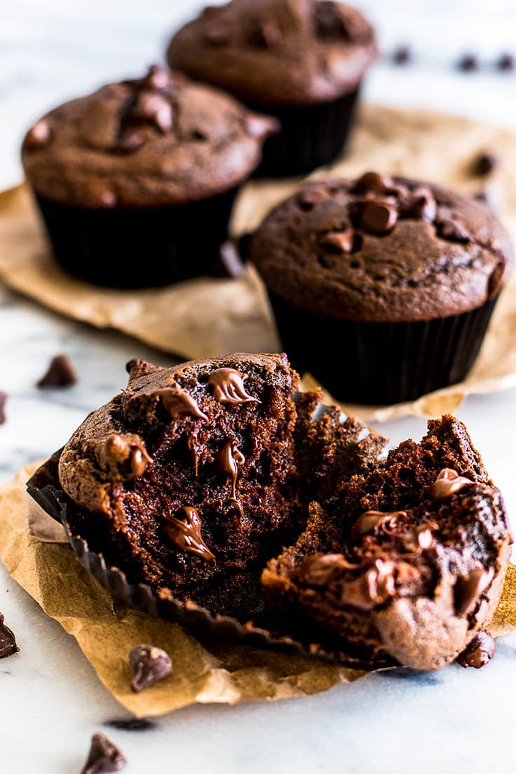 These Small-batch Chocolate Chocolate Chip Muffins are chocolate overload.