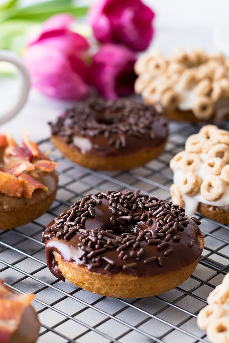 Top these easy baked donuts with Chocolate Glaze, Maple Bacon Glaze or Milk and Cereal Glaze!