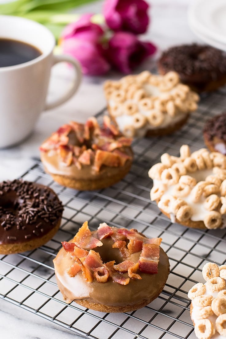 Choose your own adventure with these moist and delicious one-bowl baked donuts that you can make three ways: Maple Bacon Donuts, Milk and Cereal Donuts, or Coffee and Chocolate Donuts!