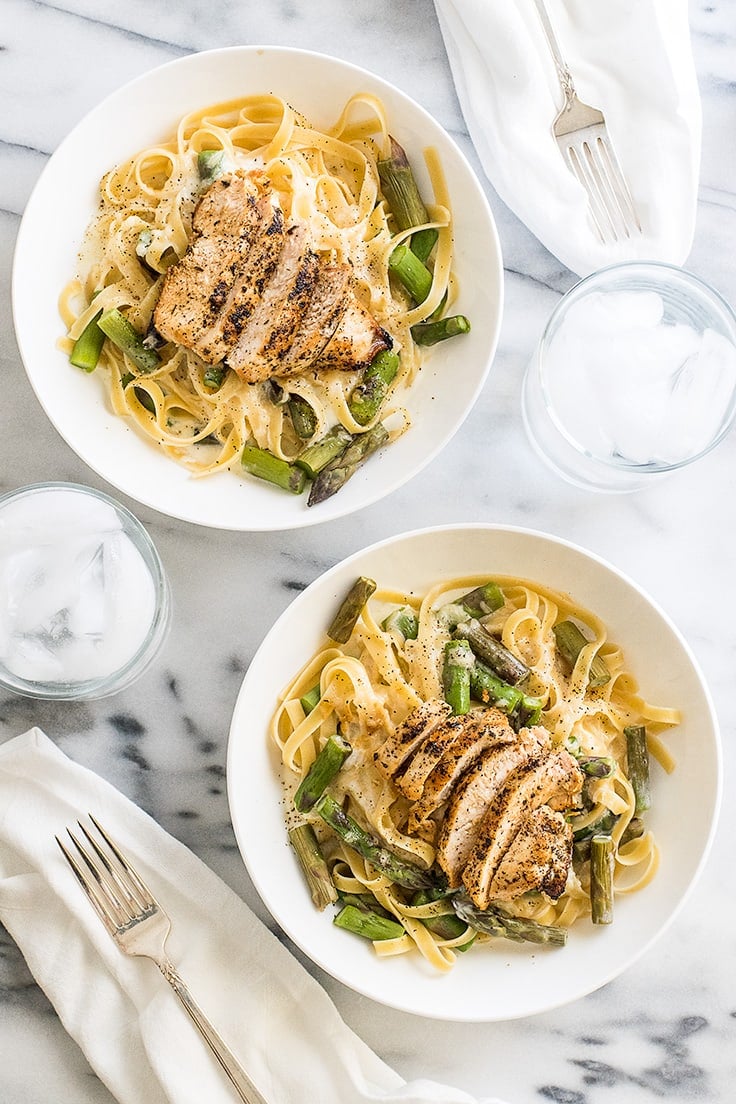 This easy Creamy Chicken and Asparagus Pasta is quick and simple to make and perfect for nights when you need a cheesy pasta fix! | Recipe for Two | Dinner for Two | Easy Pasta |