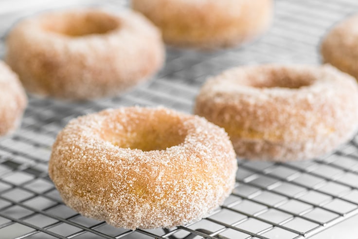 Image of Cinnamon Sugar Baked Pumpkin Donuts sitting on a wire rack.