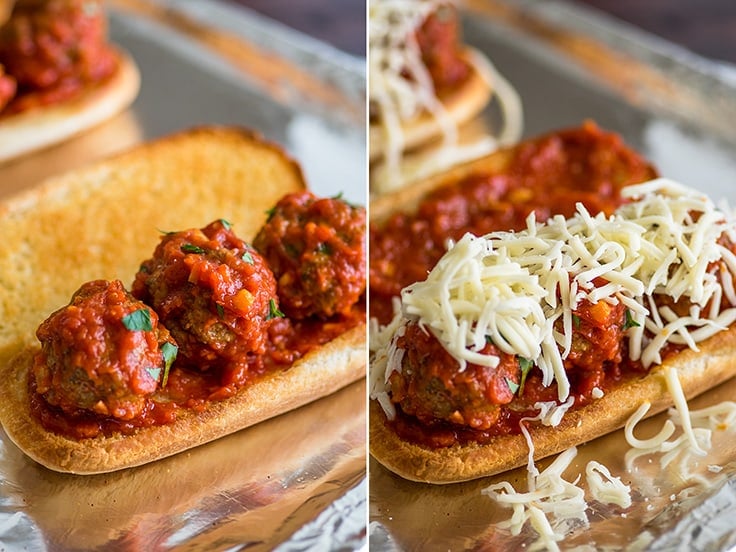 Collage photo of meatball subs being assembled and topped with mozzarella.