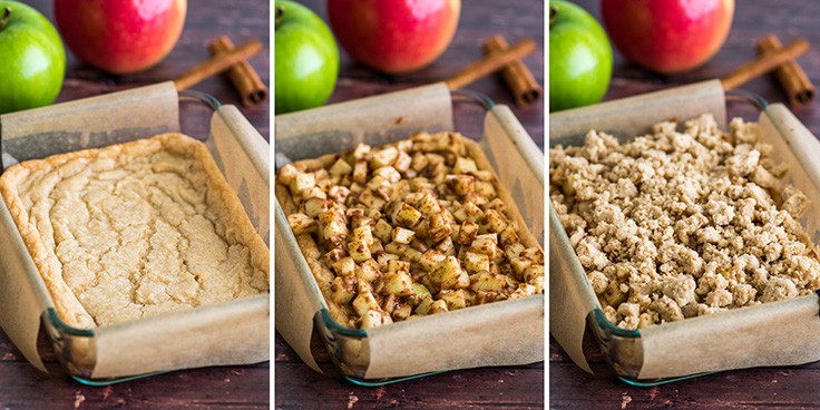 Collage photo of apple pie bars being assembled.