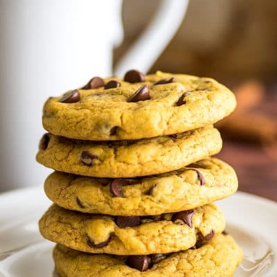 These Small-batch Chocolate Chip Pumpkin Cookies are soft and chewy with plenty of pumpkin spice flavor, like the perfect chocolate chip cookie all dressed up for fall. | #cookies | #pumpkinspice | #falldesserts |