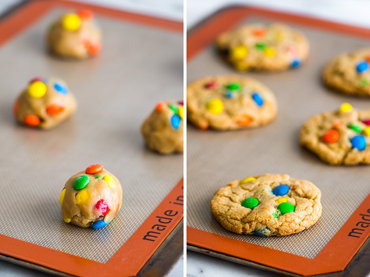 Collage photo of Small-batch M&M Cookies before and after baking.