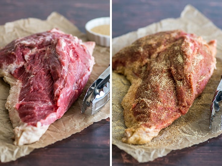 When making Tri-tip in the Oven, an untrimmed roast is best because the fat cap will help keep the meat nice and moist.