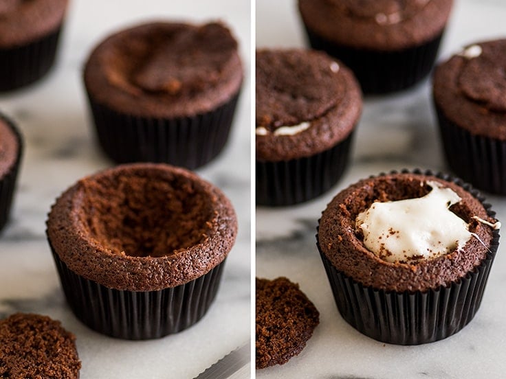 These Small-batch Homemade Hostess Cupcakes are filled with a half-way homemade marshmallow fluff! | Small-batch Cupcakes | Small-batch Desserts | Chocolate Desserts |
