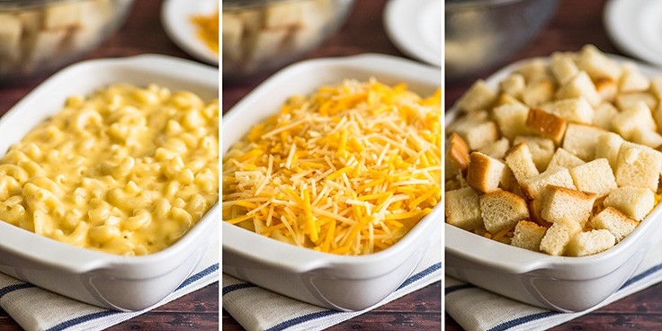 Collage of mac and cheese being made.