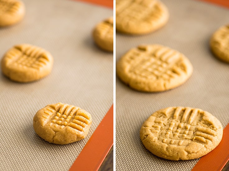 Collage photo of peanut butter cookie dough before and after baking.