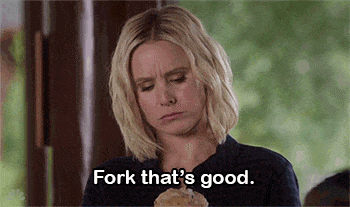 Gif of Eleanore from The Good Place saying, "Fork that's good."