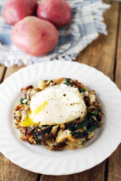 Leftover Mashed Potato Cheesy Vegetarian Hash on a white plate.