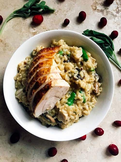 Thanksgiving Leftovers Risotto in a white bowl.