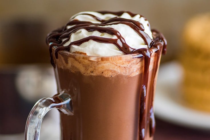 Close up photo of thick hot chocolate with whipped cream and chocolate sauce.