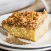 This Mini Coffee Cake is light and fluffy with an insane buttery, crunchy, crumbly streusel layer over the top. It serves four, but you might not want to share. | #Breakfast | #BreakfastForTwo | #CoffeeCake | #MiniCake |