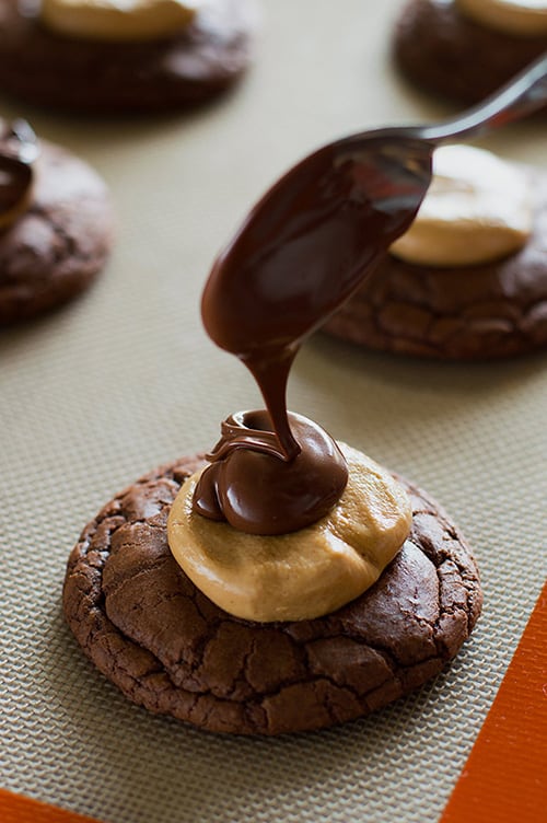 Twelve Days of Small-batch Christmas Cookies Day 11 Make Christmas Eve Eve extra extra with these crazy rich Small-batch Buckeye Brownie Cookies, some Rich and Thick Hot Chocolate, and Elf. | #Christmas | #ChristmasCookies | #ChristmasMovies | #DessertsForTwo |