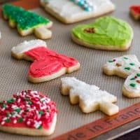 Tray of decorated sugar cookies for Christmas.