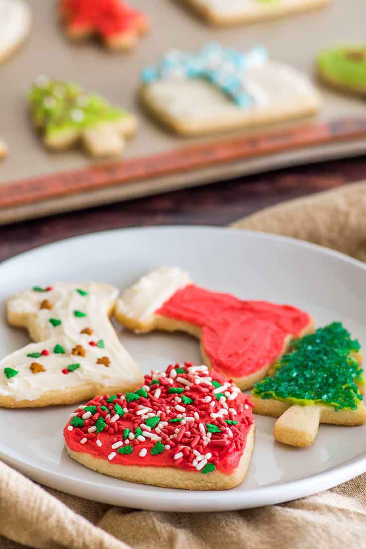 Decorated small-batch cut-out sugar cookies on a white plate.