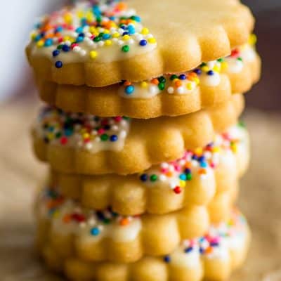 Close up photo of pile of shortbread cookies.