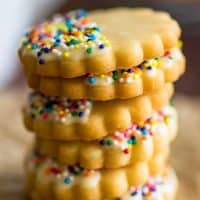 Close up photo of pile of shortbread cookies.