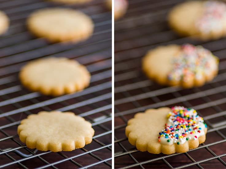 Small-batch shortbread cookies before and after adding white chocolate and sprinkles.
