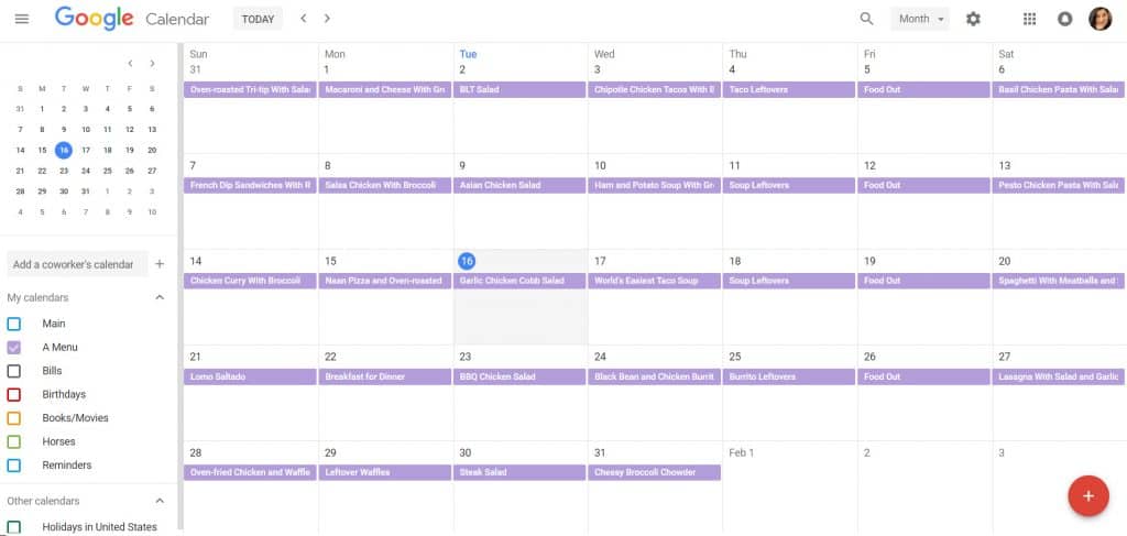 Everything you need to know about meal planning and creating a system that works for you. #MealPlanning Meal Planning 101 image, screenshot of Google Calendar recipe plan.