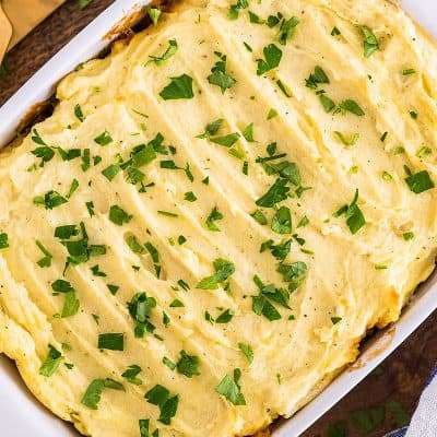 Overhead photo of Easy Shepherd's Pie With Ground Beef in casserole dish.