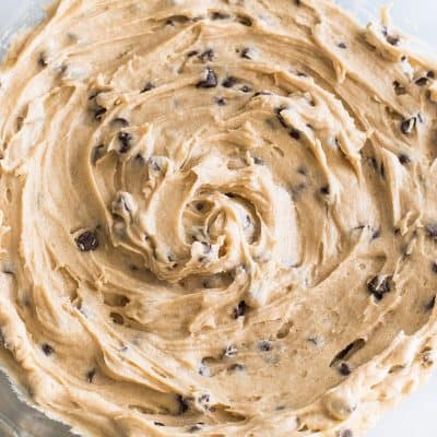 Overhead photo of Small-batch Cookie Dough Frosting in a bowl.
