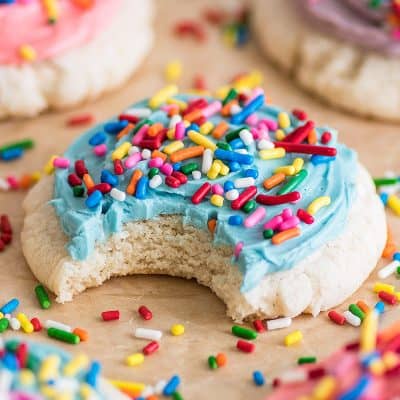 Photo of blue Small-batch Frosted Sugar Cookie with a bite taken out of it.