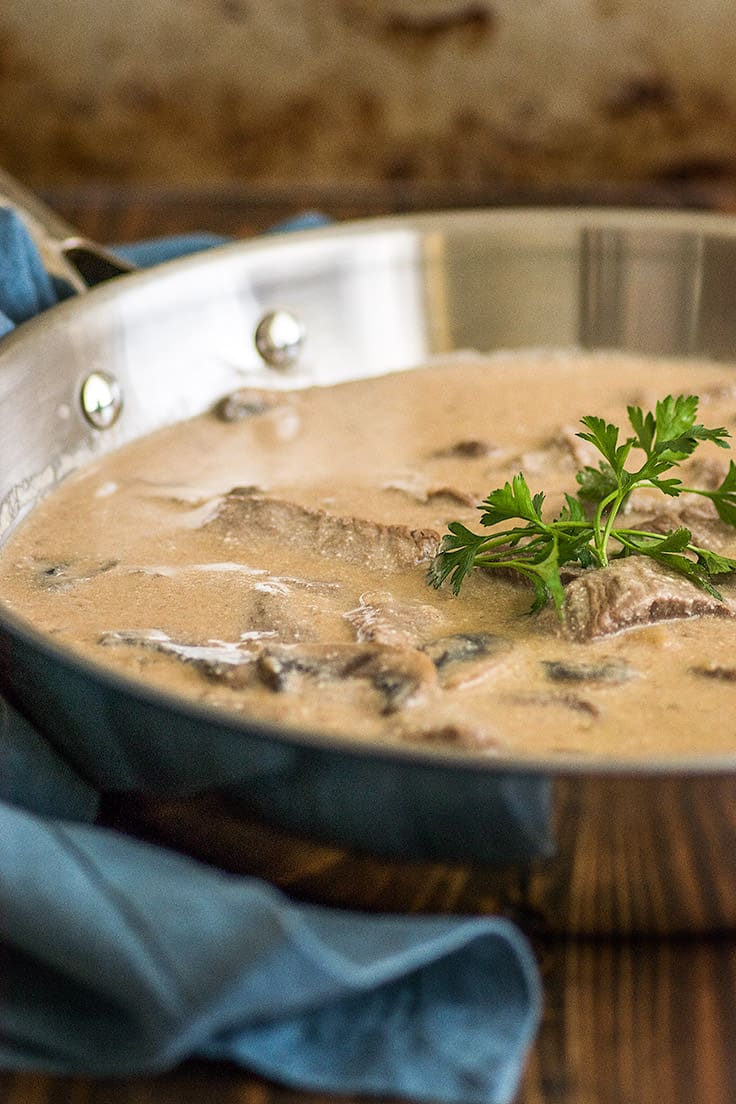 Photo of easy beef stroganoff sauce in a skillet.