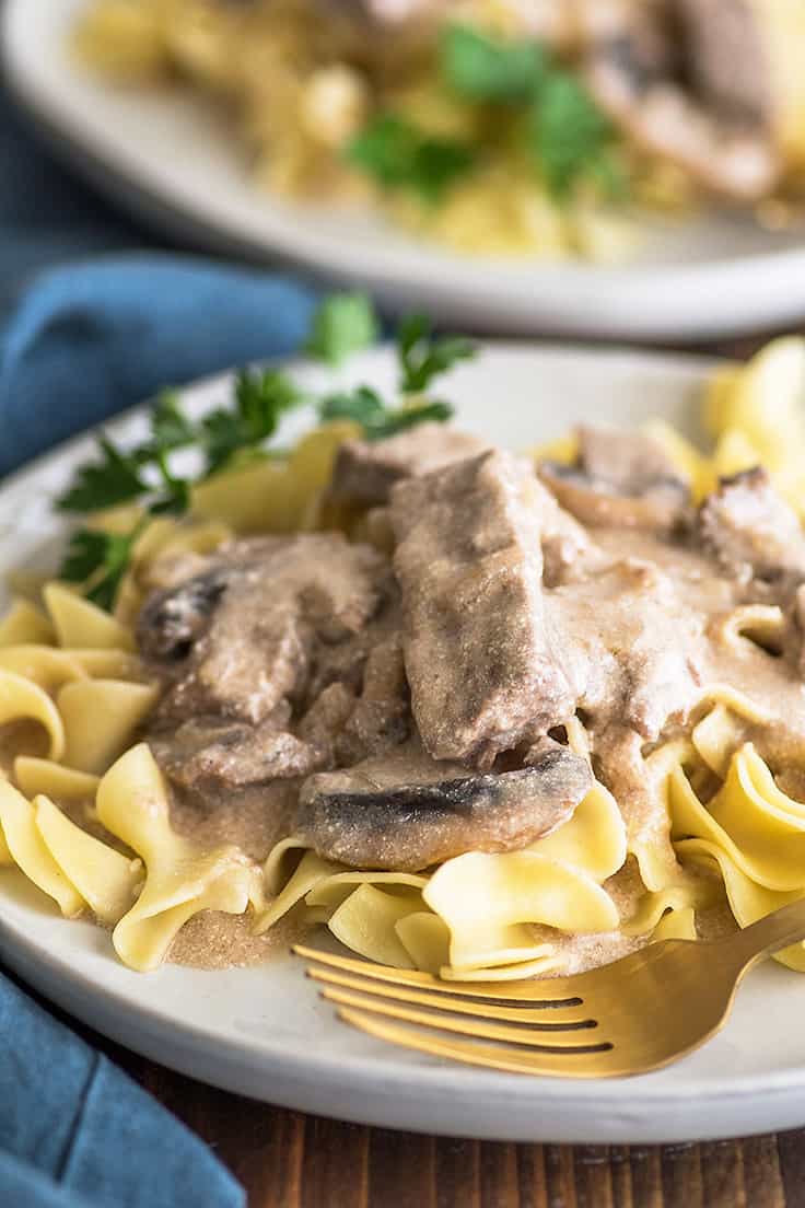 Photo of Easy Beef Stroganoff over egg noodles on a plate.