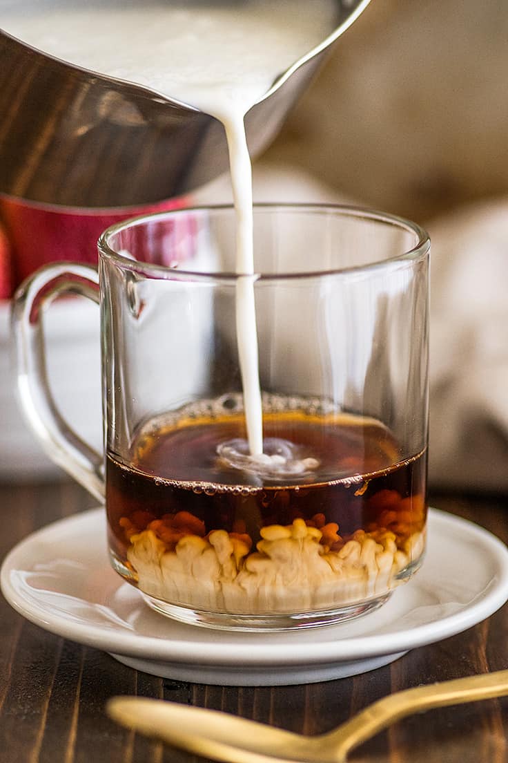 In-process photo of homemade white chocolate mocha being mixed.