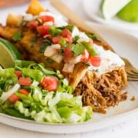 Square picture of carnitas enchiladas with pulled pork, sour cream, and pico de gallo.