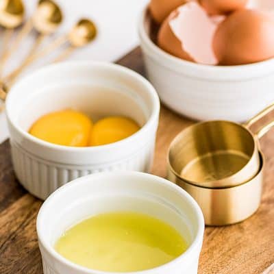 Photo of egg whites in a white ramekin.
