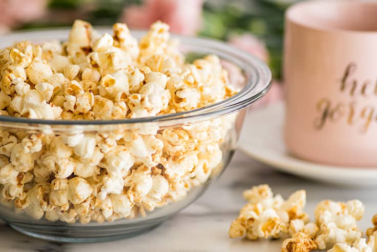 Brown Sugar Kettle Corn is kettle corn’s slightly more fun and mature sibling. Salty, sweet, and just a bit caramelly, it’s perfect for movie night or an afternoon snack. | #snack | #kettlecorn | #brownsugar | Photo of Brown Sugar Kettle Corn in a bowl.