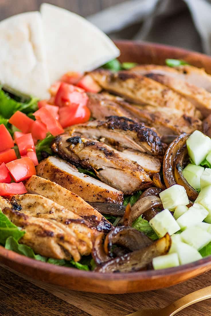 Chicken Shawarma Salad in a wooden bowl.